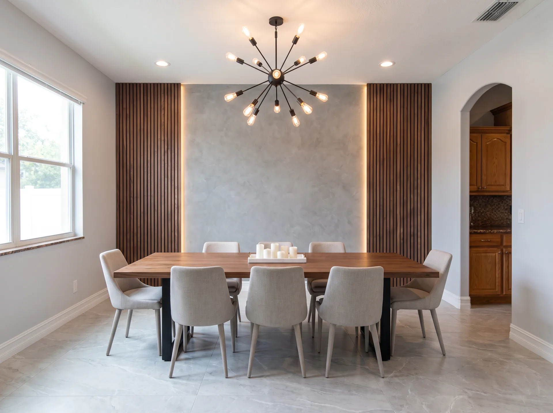 AI-assisted interior renovation concept: formal dining room with limewash feature wall, walnut slat panels, and the existing sputnik chandelier.