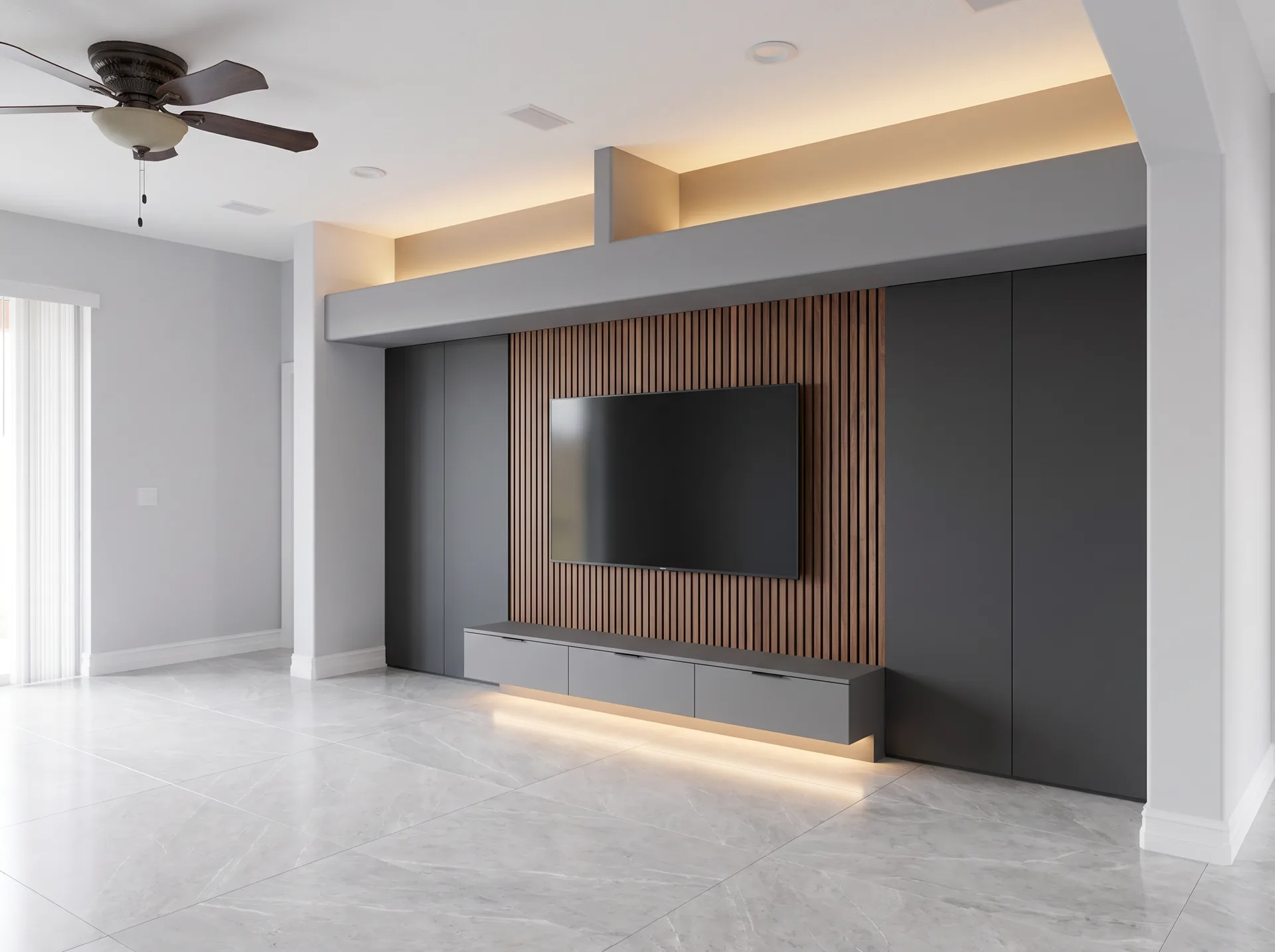 AI-assisted interior renovation concept: built-in media wall with walnut slat paneling, LED lighting, and a low gray console.